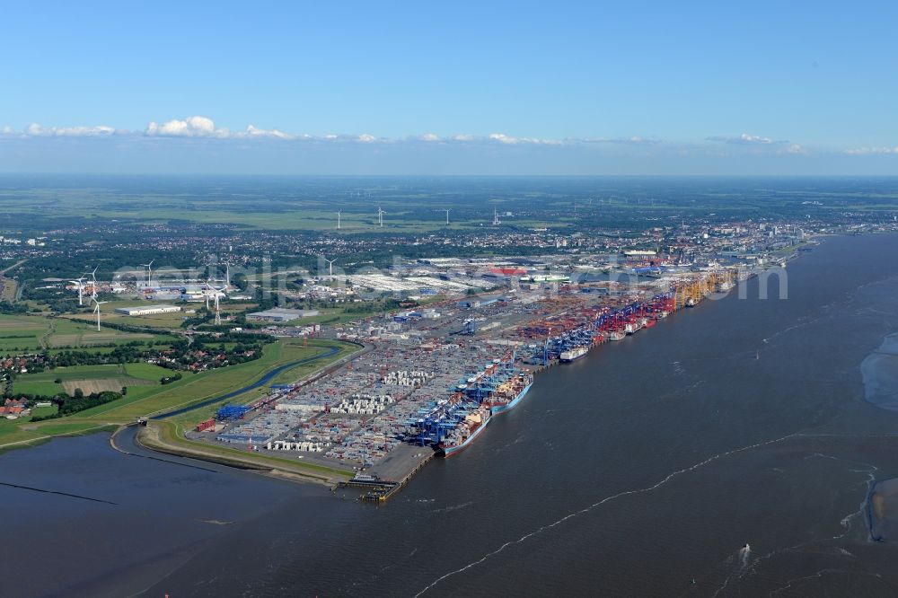 Aerial image Bremerhaven - Docks and terminals with warehouses and freight forwarding and logistics companies by the mouth of the Weser in Bremerhaven in the state Bremen