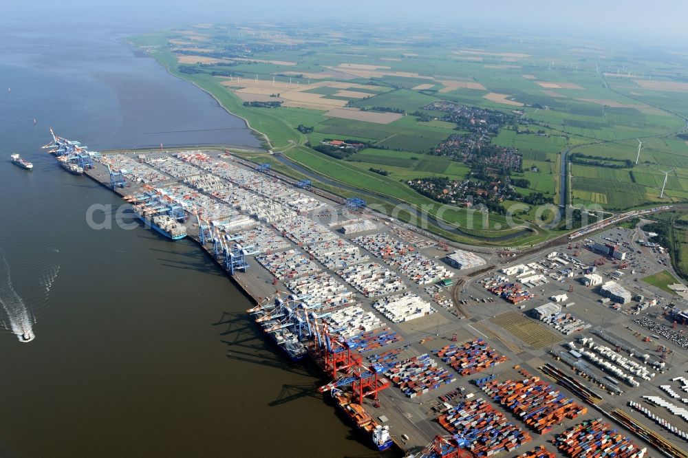 Bremerhaven from the bird's eye view: Docks and terminals with warehouses and freight forwarding and logistics companies in the international port by the mouth of the Weser in Bremerhaven in the state Bremen