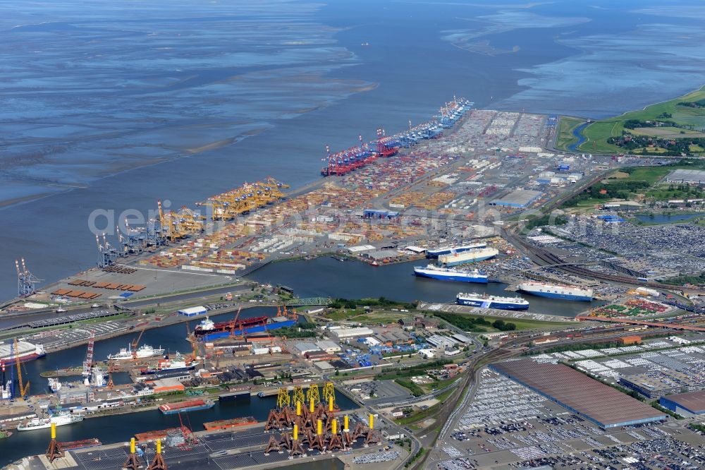 Aerial image Bremerhaven - Docks and terminals with warehouses and freight forwarding and logistics companies in the international port by the mouth of the Weser in Bremerhaven in the state Bremen