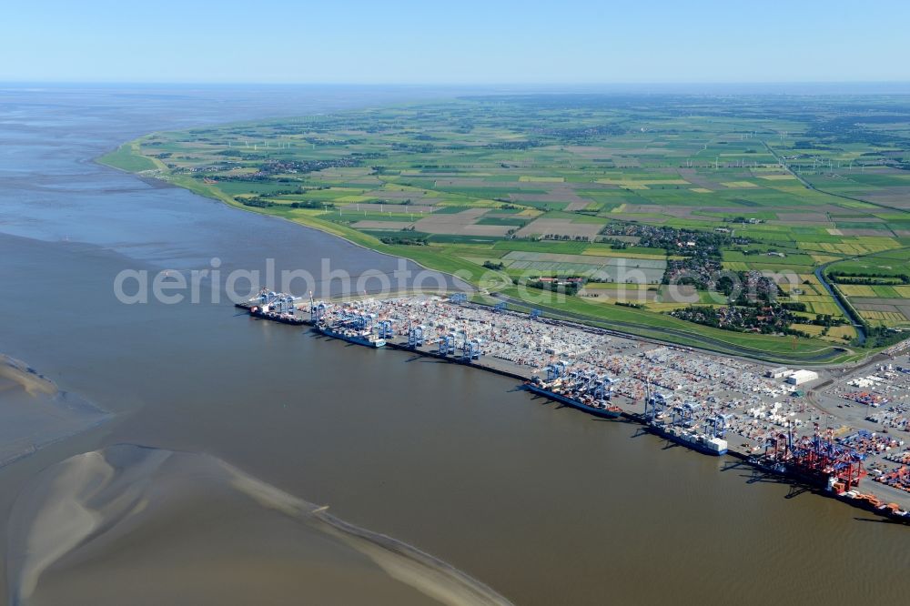 Bremerhaven from above - Docks and terminals with warehouses and freight forwarding and logistics companies in the international port by the mouth of the Weser in Bremerhaven in the state Bremen