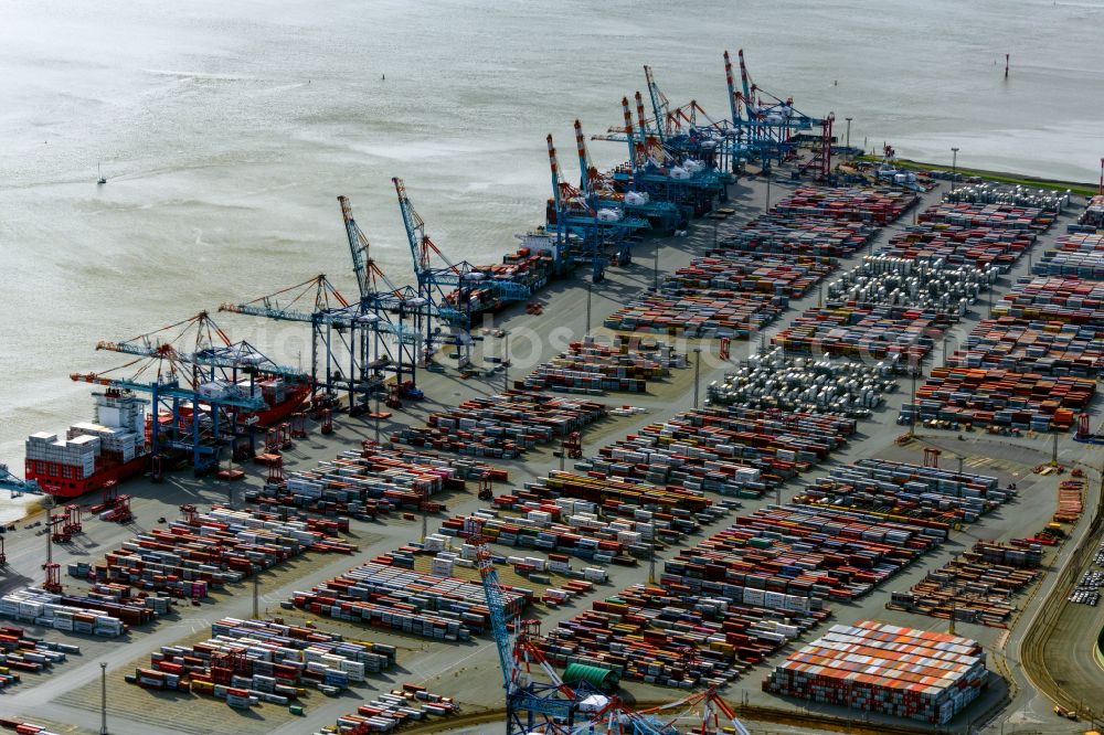 Aerial photograph Bremerhaven - Docks and terminals with warehouses and freight forwarding and logistics companies in the international port by the mouth of the Weser in Bremerhaven in the state Bremen