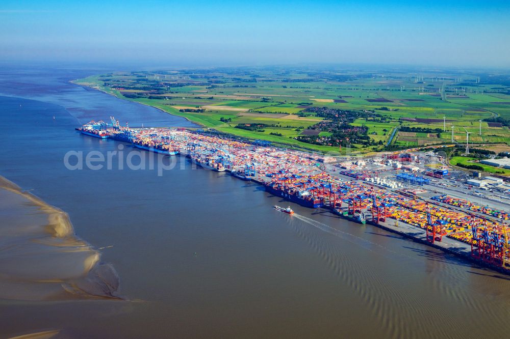 Aerial image Bremerhaven - Docks and terminals with warehouses and freight forwarding and logistics companies in the international port by the mouth of the Weser in Bremerhaven in the state Bremen