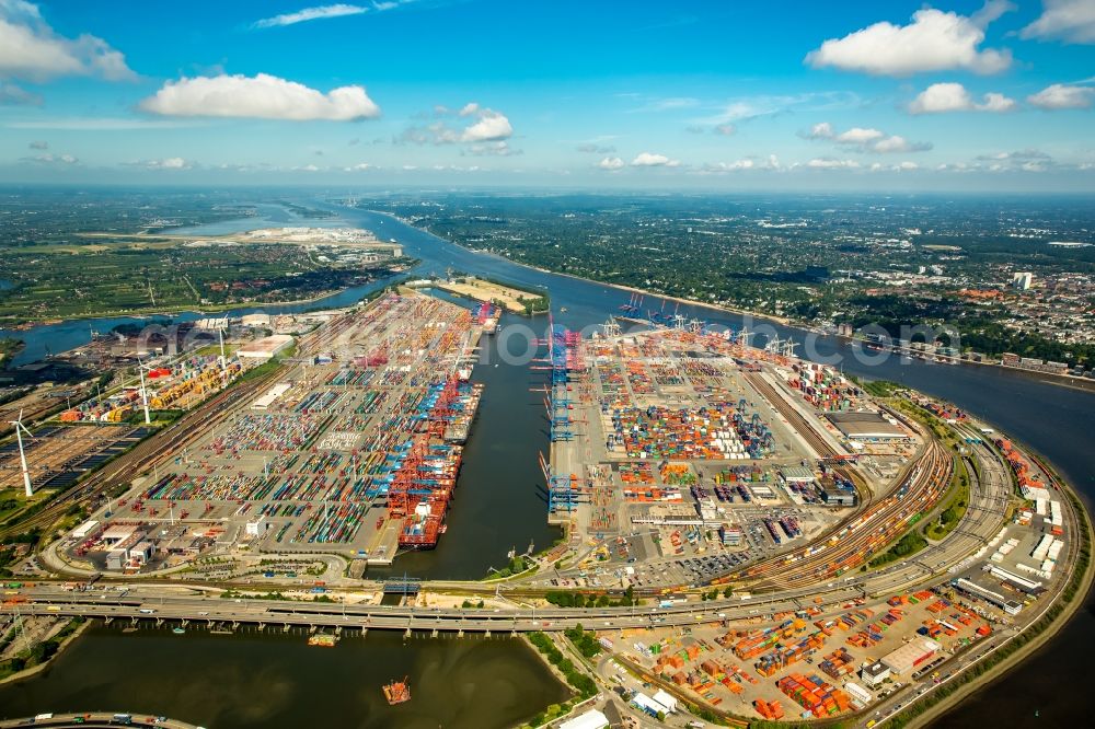 Aerial image Hamburg - Docks and terminals with warehouses and freight forwarding and logistics companies at the Elbtunnel in Hamburg in Germany