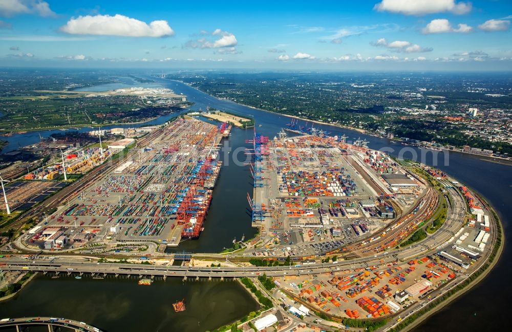 Aerial photograph Hamburg - Docks and terminals with warehouses and freight forwarding and logistics companies at the Elbtunnel in Hamburg in Germany