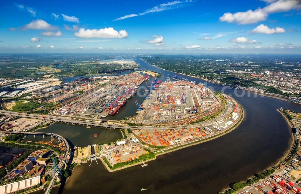 Hamburg from above - Docks and terminals with warehouses and freight forwarding and logistics companies at the Elbtunnel in Hamburg in Germany