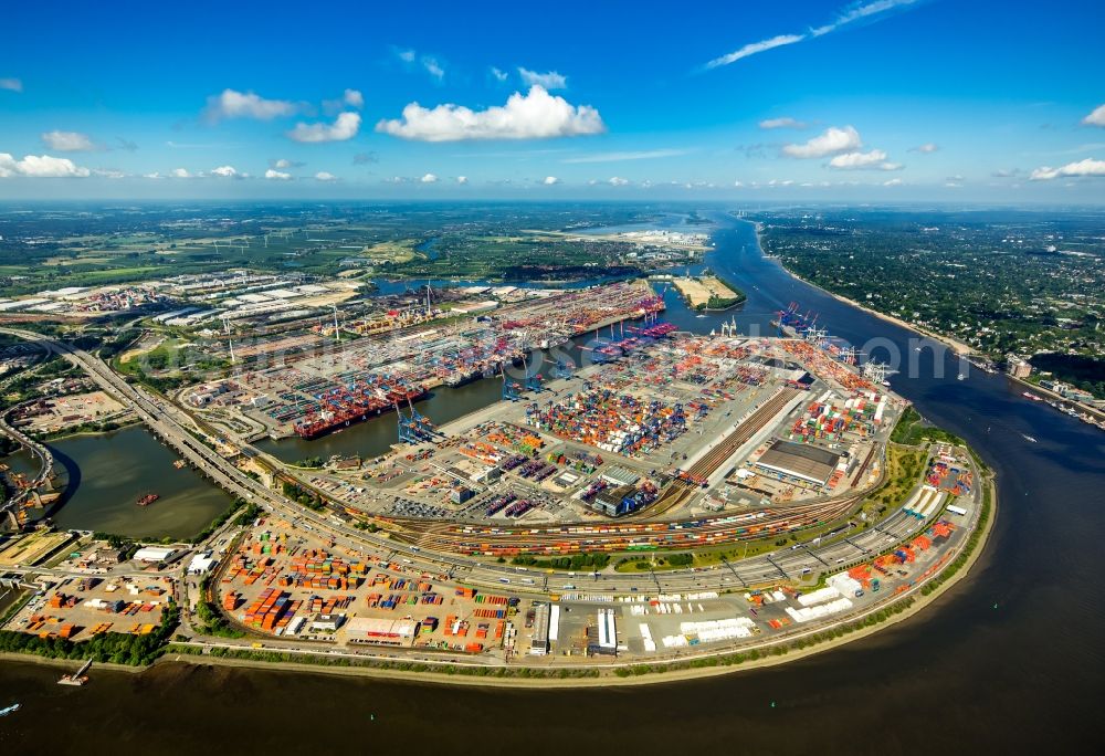 Aerial image Hamburg - Docks and terminals with warehouses and freight forwarding and logistics companies at the Elbtunnel in Hamburg in Germany