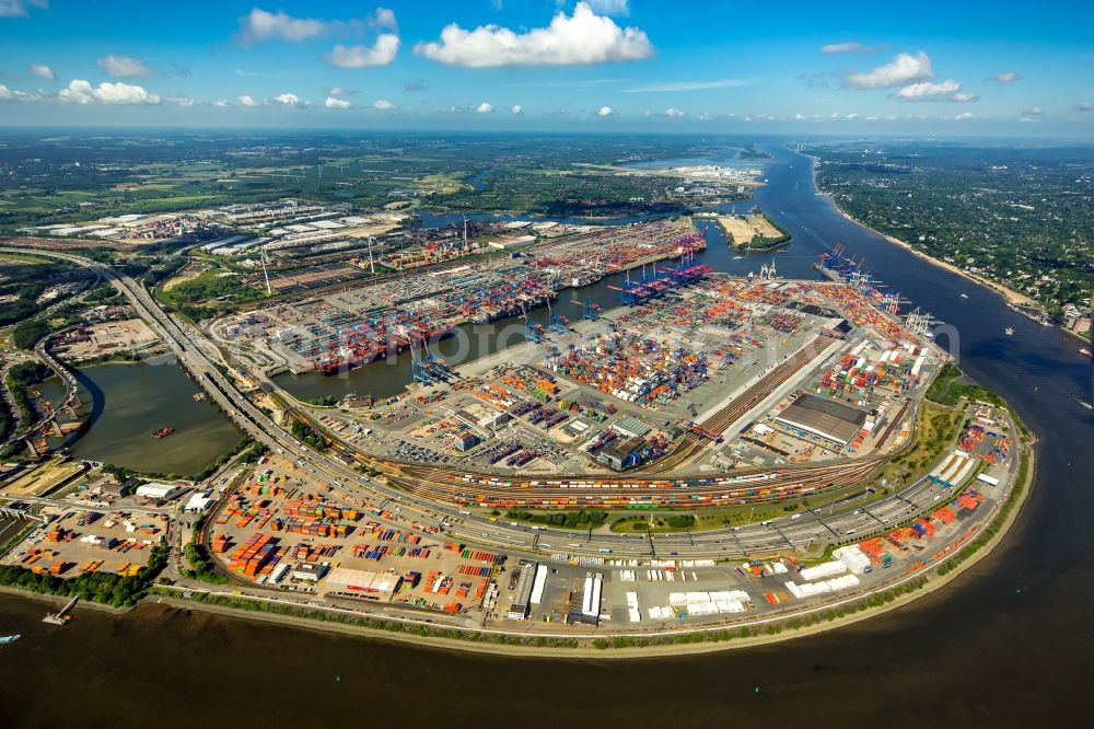 Aerial photograph Hamburg - Docks and terminals with warehouses and freight forwarding and logistics companies at the Elbtunnel in Hamburg in Germany