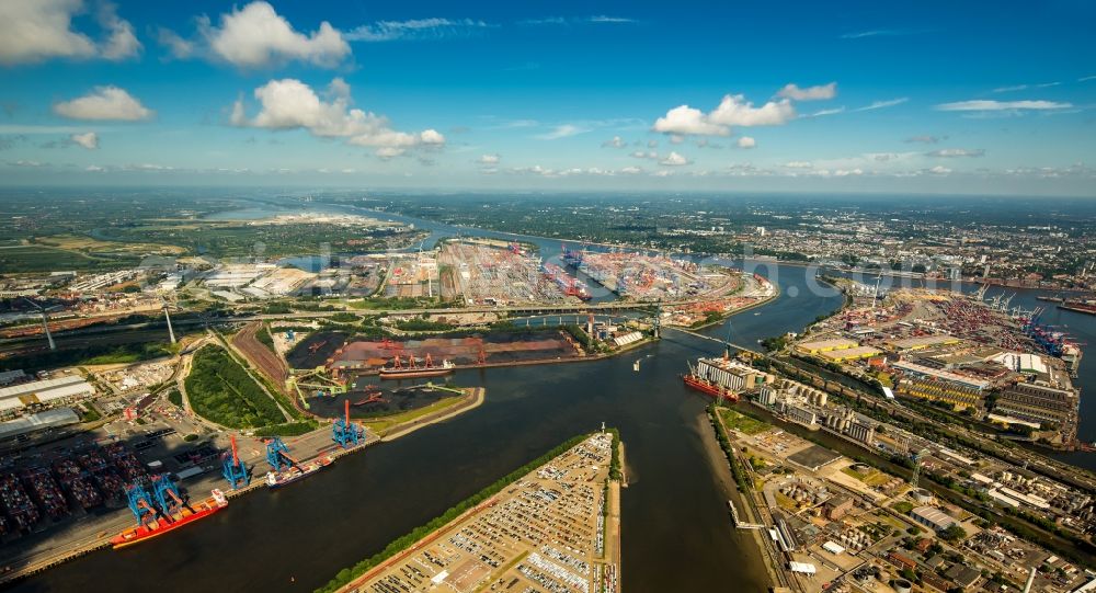 Hamburg from above - Docks and terminals with warehouses and freight forwarding and logistics companies at the Suederelbe in Hamburg in Germany