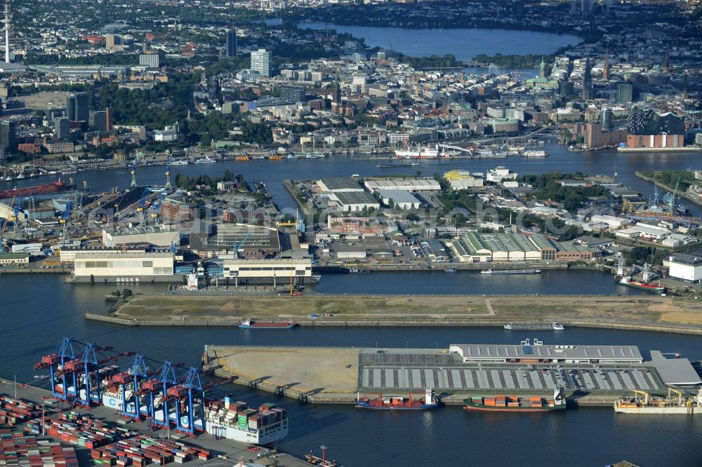 Hamburg from the bird's eye view: Docks and terminals with warehouses and freight forwarding and logistics companies at the Kaiser-Wilhelm-Hafen in Hamburg in Germany