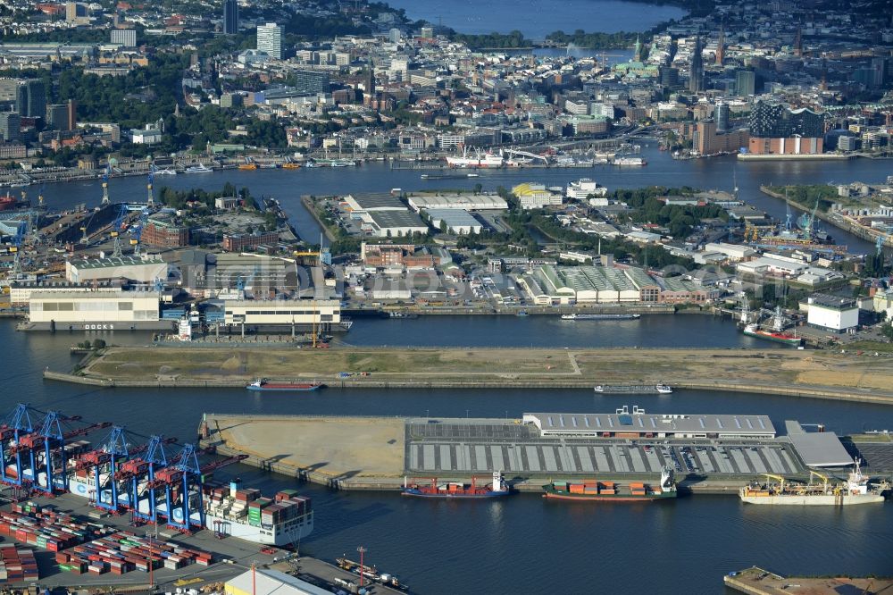 Aerial image Hamburg - Docks and terminals with warehouses and freight forwarding and logistics companies at the Kaiser-Wilhelm-Hafen in Hamburg in Germany