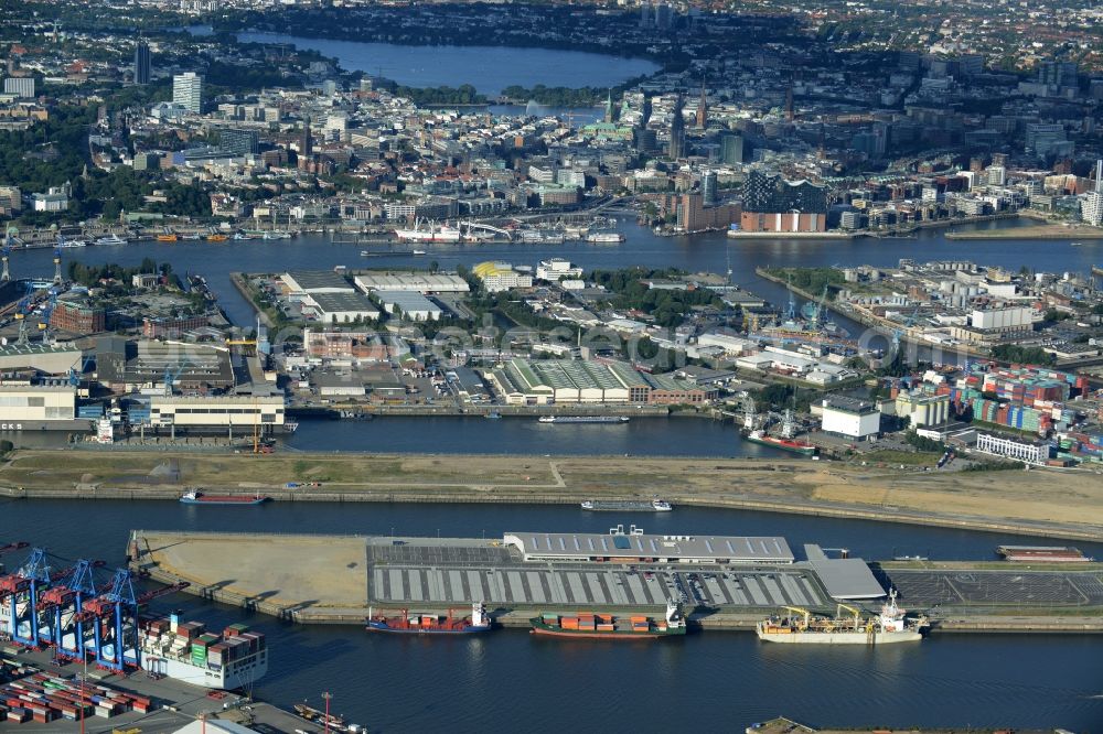 Aerial photograph Hamburg - Docks and terminals with warehouses and freight forwarding and logistics companies at the Kaiser-Wilhelm-Hafen in Hamburg in Germany