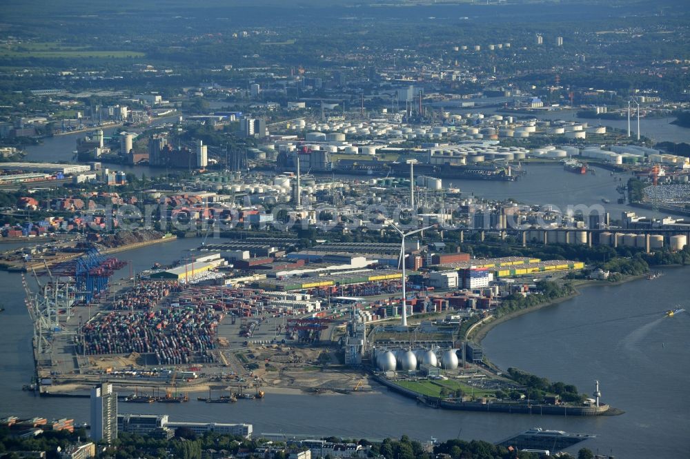 Aerial photograph Hamburg - Docks and terminals with warehouses and freight forwarding and logistics companies and container terminals at the Kohlenschiffhafen in Hamburg in Germany