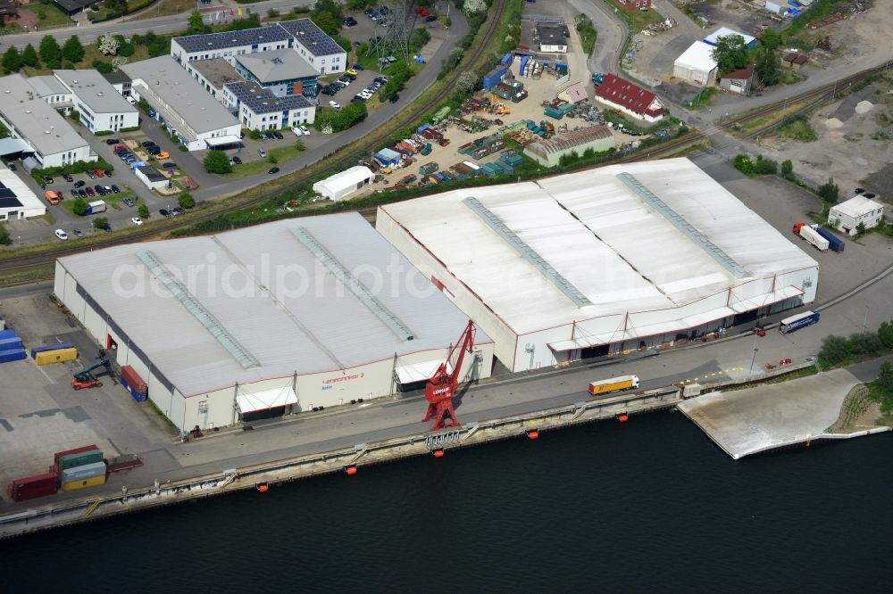 Lübeck from above - Docks and terminals with warehouses and freight forwarding and logistics companies in Luebeck in the state Schleswig-Holstein