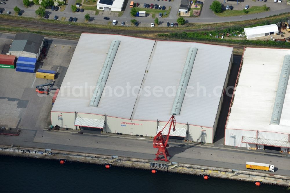 Lübeck from the bird's eye view: Docks and terminals with warehouses and freight forwarding and logistics companies in Luebeck in the state Schleswig-Holstein