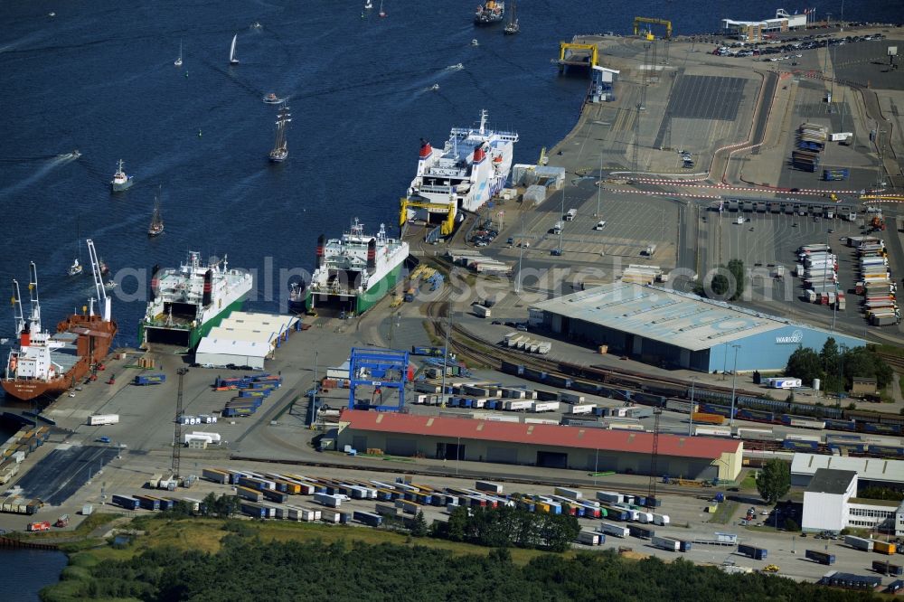 Rostock from the bird's eye view: Docks and terminals with warehouses and freight forwarding and logistics companies in Rostock in the state Mecklenburg - Western Pomerania