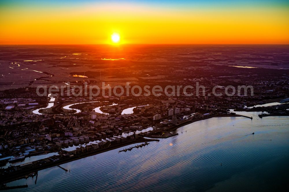 Aerial image Bremerhaven - Docks and terminals with warehouses, freight forwarding and logistics companies and lots of containers by the mouth of the Weser in Bremerhaven in the state Bremen