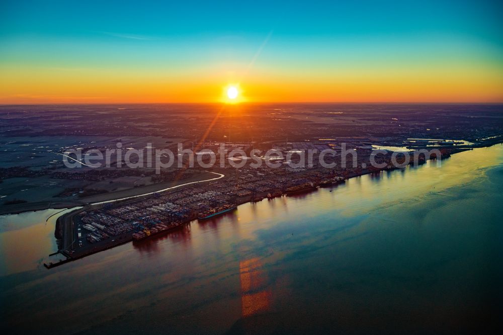 Aerial photograph Bremerhaven - Docks and terminals with warehouses, freight forwarding and logistics companies and lots of containers by the mouth of the Weser in Bremerhaven in the state Bremen