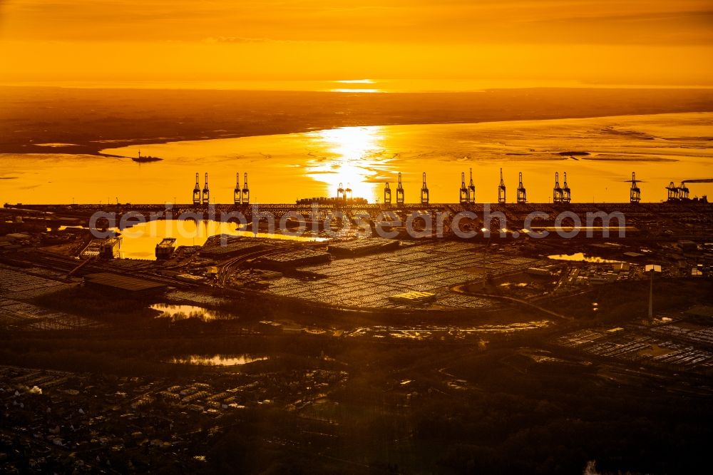 Aerial photograph Bremerhaven - Docks and terminals with warehouses, freight forwarding and logistics companies and lots of containers by the mouth of the Weser in Bremerhaven in the state Bremen