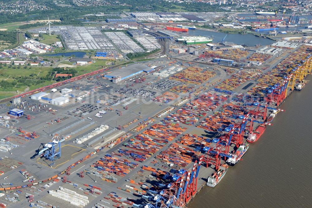 Bremerhaven from above - Docks and terminals with warehouses, freight forwarding and logistics companies and lots of containers by the mouth of the Weser in Bremerhaven in the state Bremen