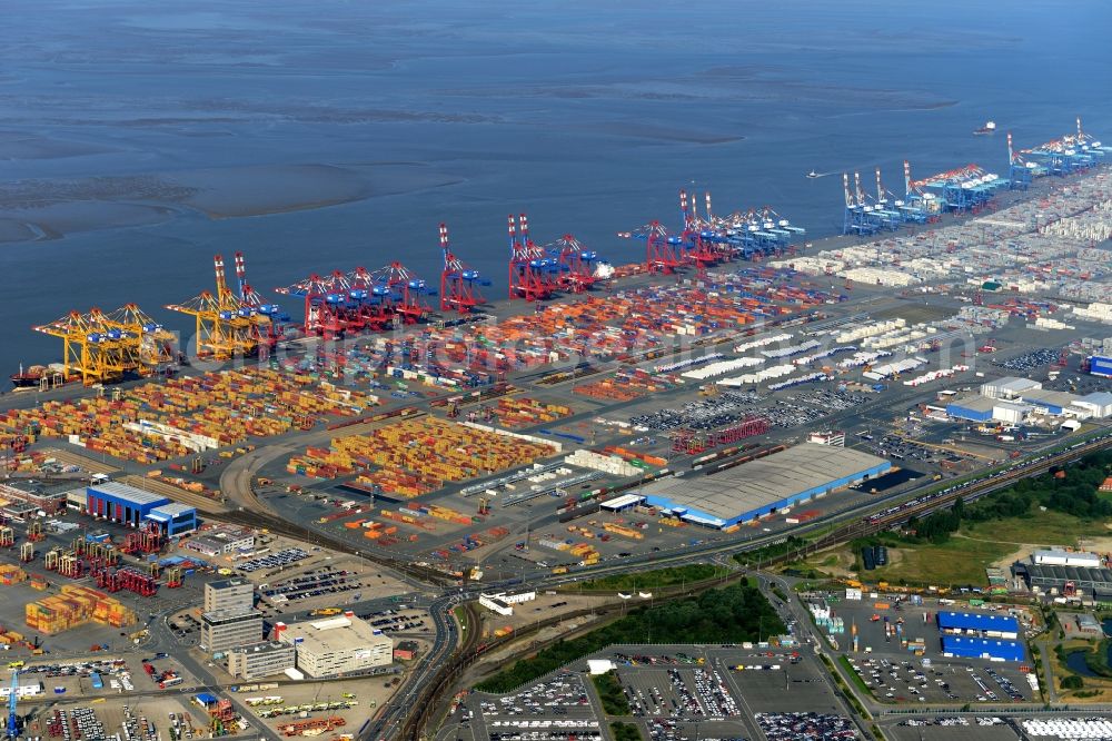 Aerial image Bremerhaven - Docks and terminals with warehouses and freight forwarding and logistics companies by the mouth of the Weser in Bremerhaven in the state Bremen