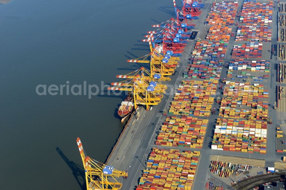 Aerial image Bremerhaven - Docks and terminals with warehouses and freight forwarding and logistics companies by the mouth of the Weser in Bremerhaven in the state Bremen