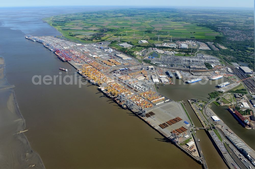 Bremerhaven from above - Docks and terminals with warehouses and freight forwarding and logistics companies by the mouth of the Weser in Bremerhaven in the state Bremen