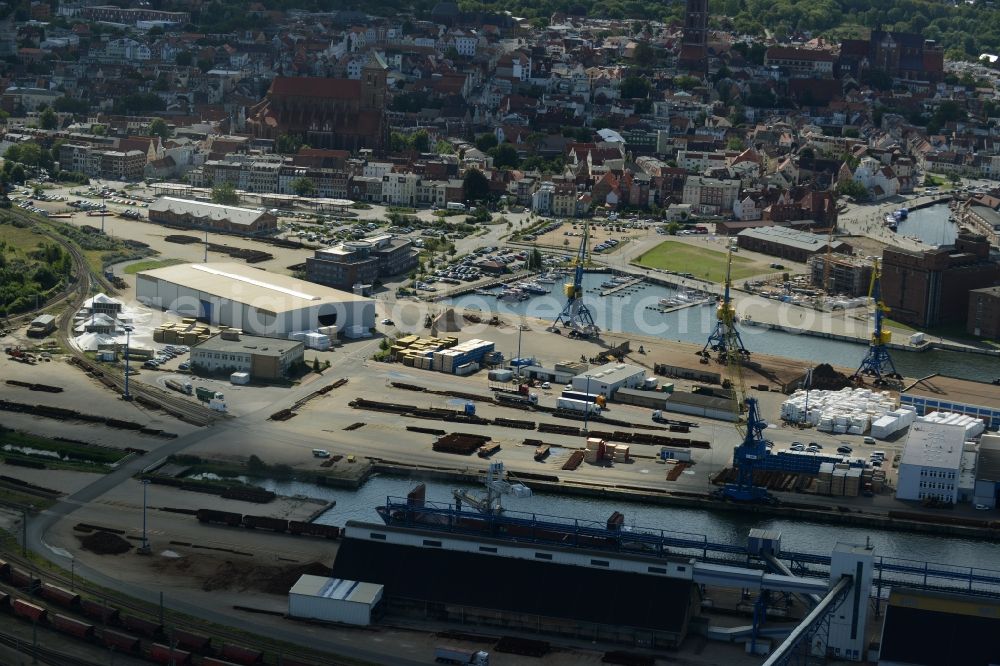 Wismar from above - Docks and terminals with warehouses and freight forwarding and logistics companies in Wismar in the state Mecklenburg - Western Pomerania