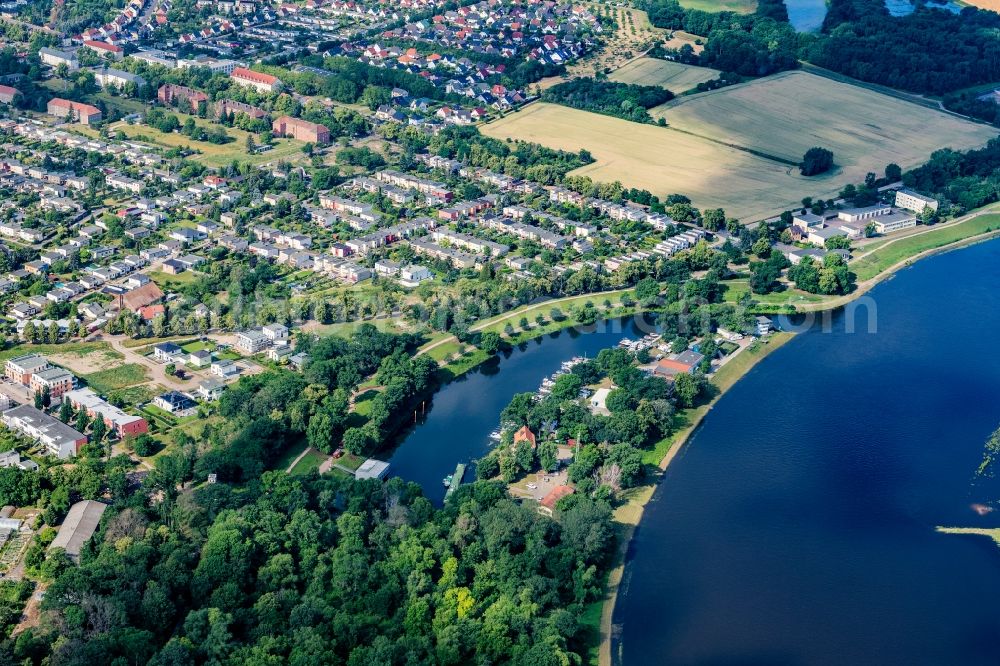 Dessau from the bird's eye view: Port facilities on the banks of the river course of the Elbe in Dessau in the state Saxony-Anhalt, Germany