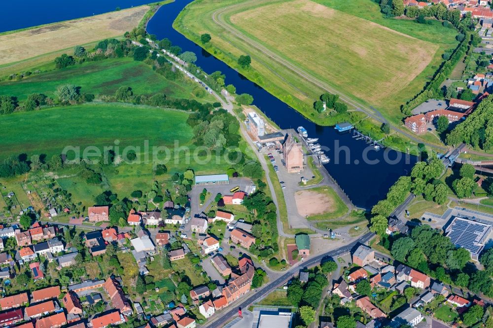 Dömitz from above - Port facilities on the banks of the river course of the Elbe in Doemitz in the state Mecklenburg - Western Pomerania, Germany