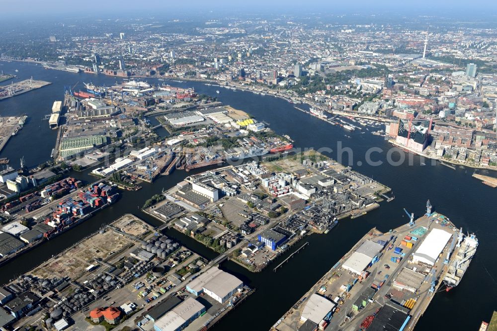 Aerial image Hamburg - Port facilities Steinwerder Kanal and Steinwerder Hafen near Suedwesthafen on the banks of the river course of the Elbe in Hamburg, Germany