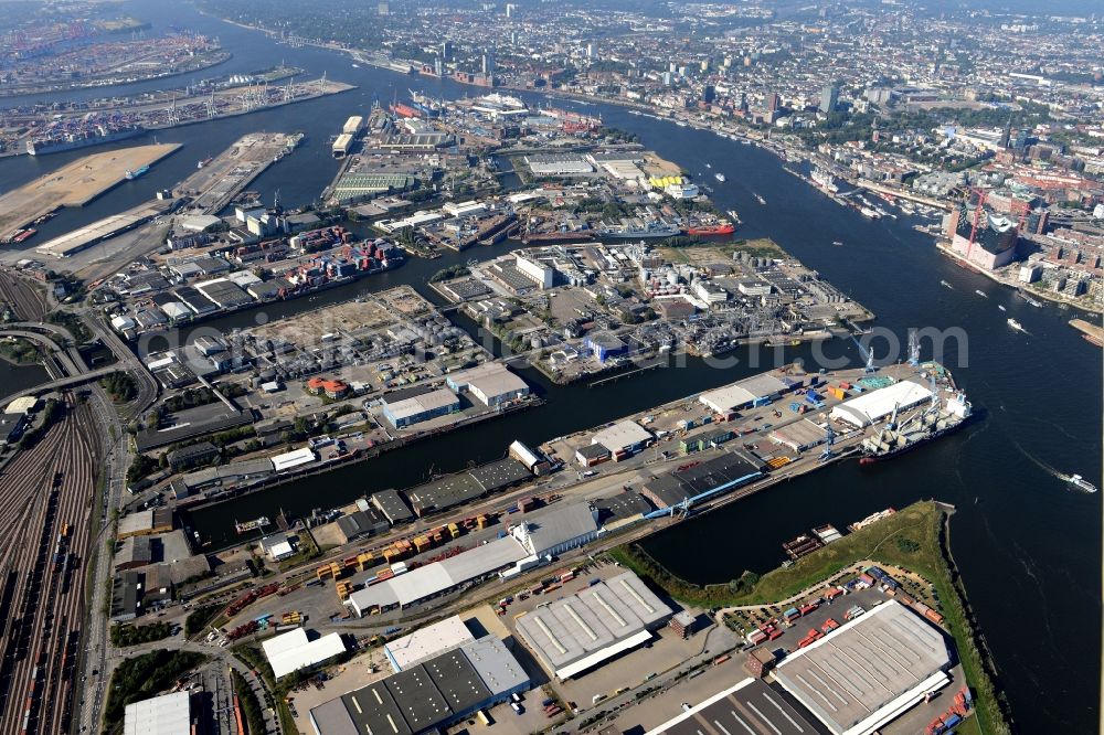 Aerial photograph Hamburg - Port facilities Steinwerder Kanal and Steinwerder Hafen near Suedwesthafen on the banks of the river course of the Elbe in Hamburg, Germany