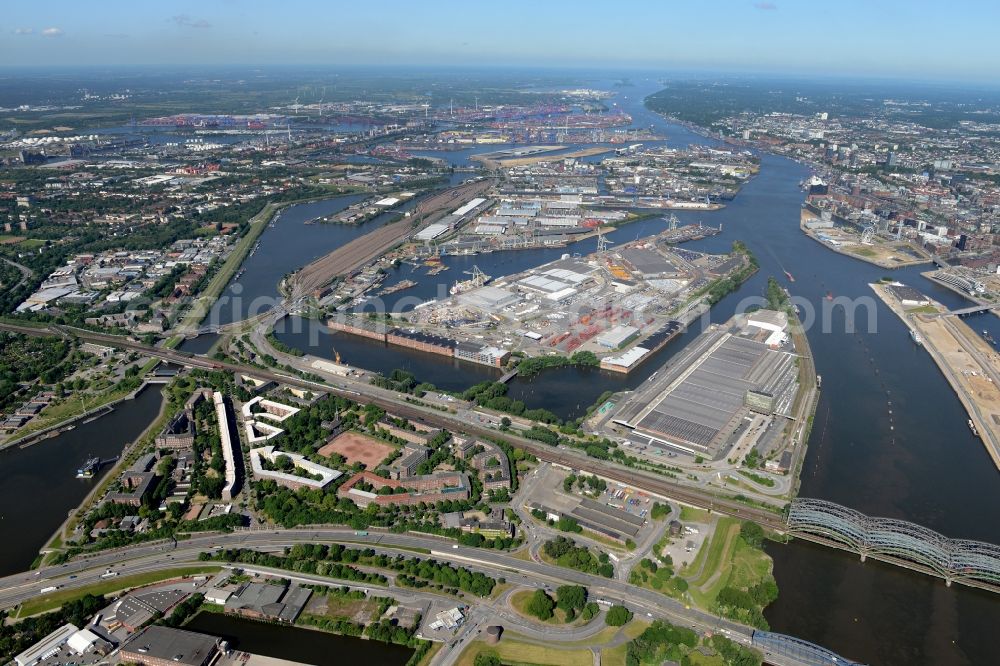 Hamburg from above - Port Grasbrook facilities on the banks of the river course of the Elbe - Norderelbe in Hamburg in Germany