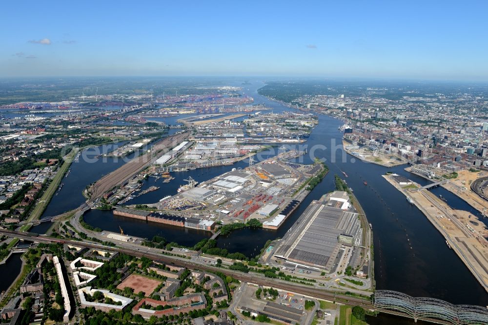 Hamburg from the bird's eye view: Port Grasbrook facilities on the banks of the river course of the Elbe - Norderelbe in Hamburg in Germany