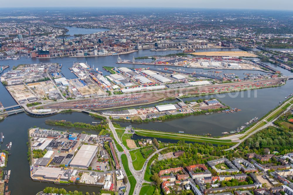 Hamburg from above - Port Grasbrook facilities on the banks of the river course of the Elbe - Norderelbe in Hamburg in Germany