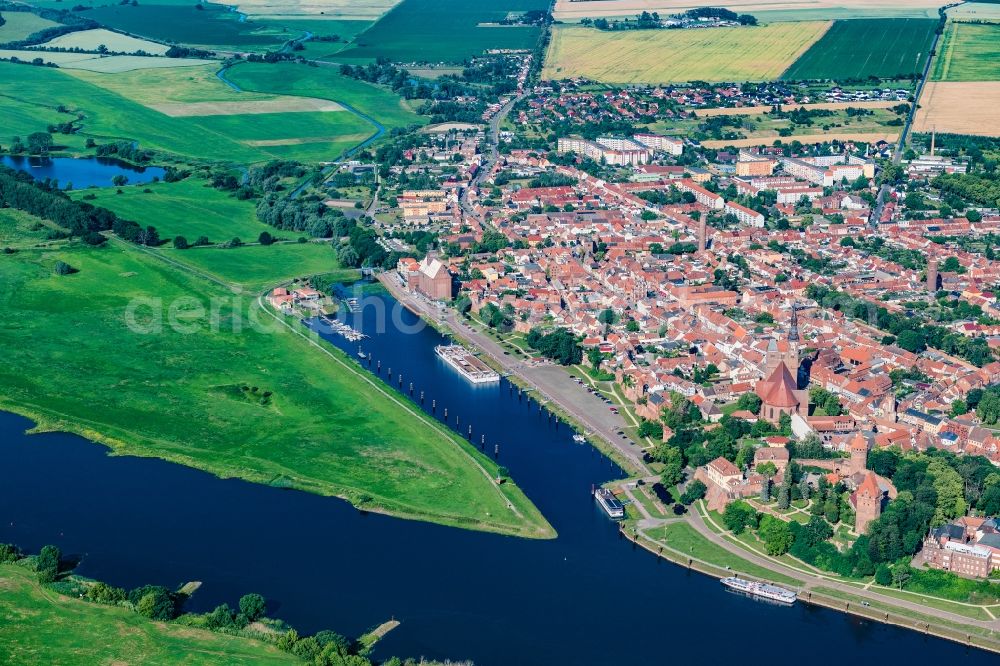 Tangermünde from above - Port facilities on the banks of the river course of the Elbe in Tangermuende in the state Saxony-Anhalt, Germany