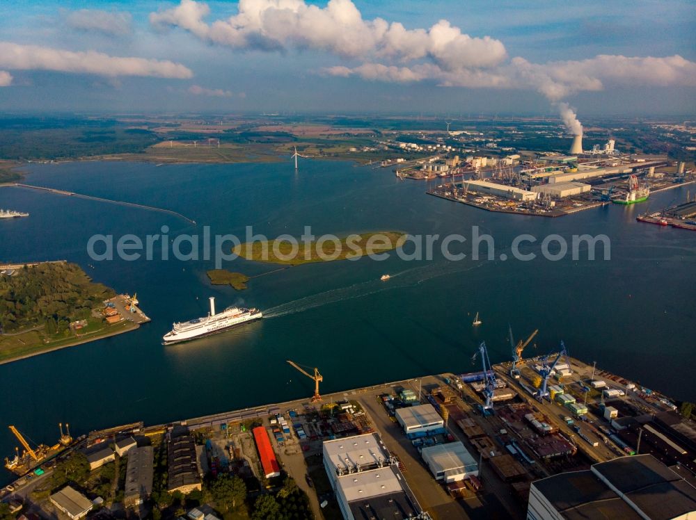 Rostock from above - Port facilities on the banks of the river course of the Warnow in Rostock in the state Mecklenburg - Western Pomerania, Germany