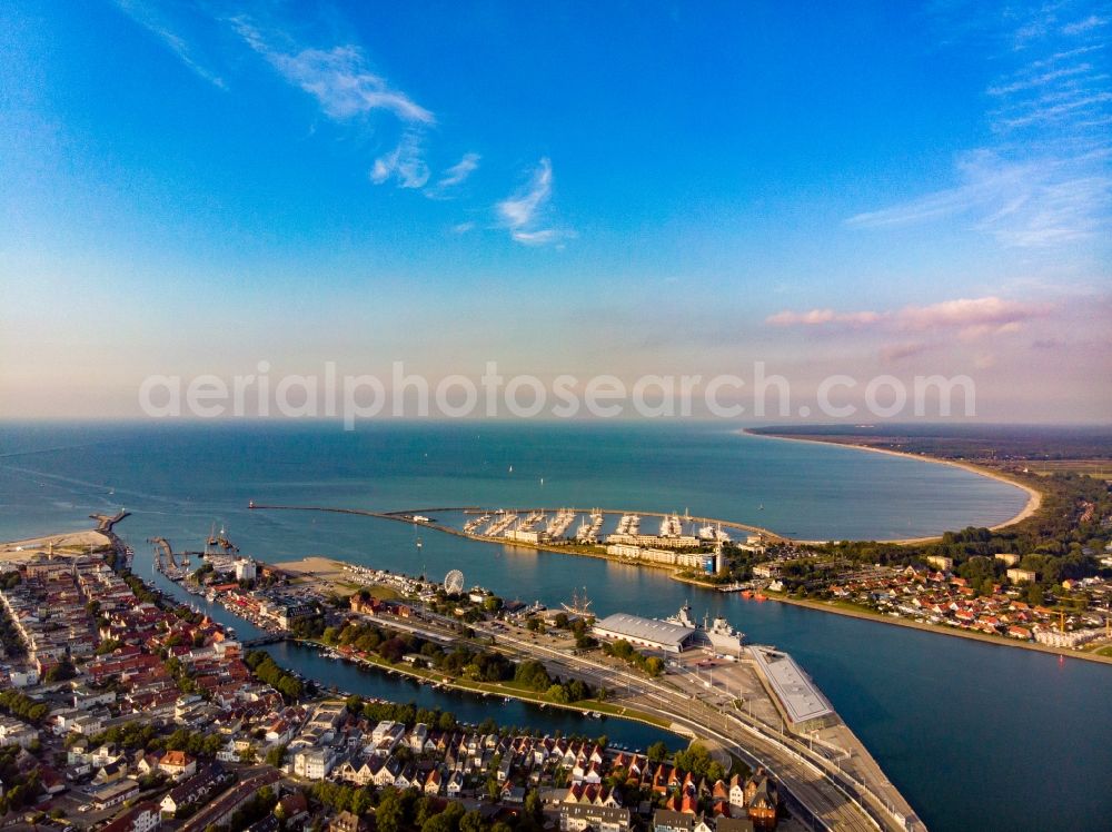 Rostock from above - Port facilities on the banks of the river course of the Warnow in Rostock in the state Mecklenburg - Western Pomerania, Germany