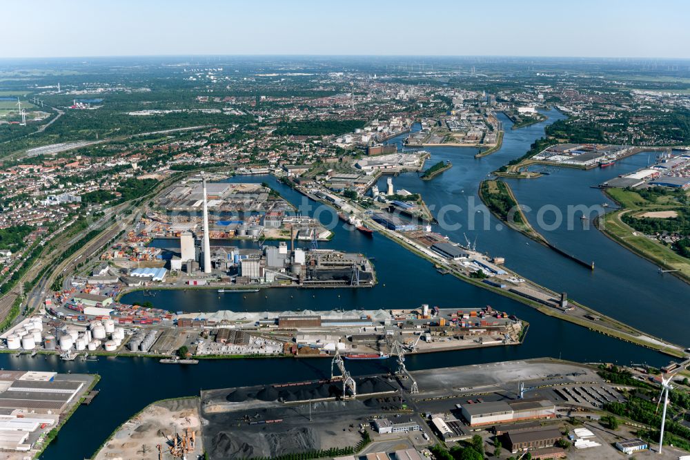 Bremen from above - Port facilities on the banks of the river course of the Weser in the district Industriehaefen in Bremen, Germany