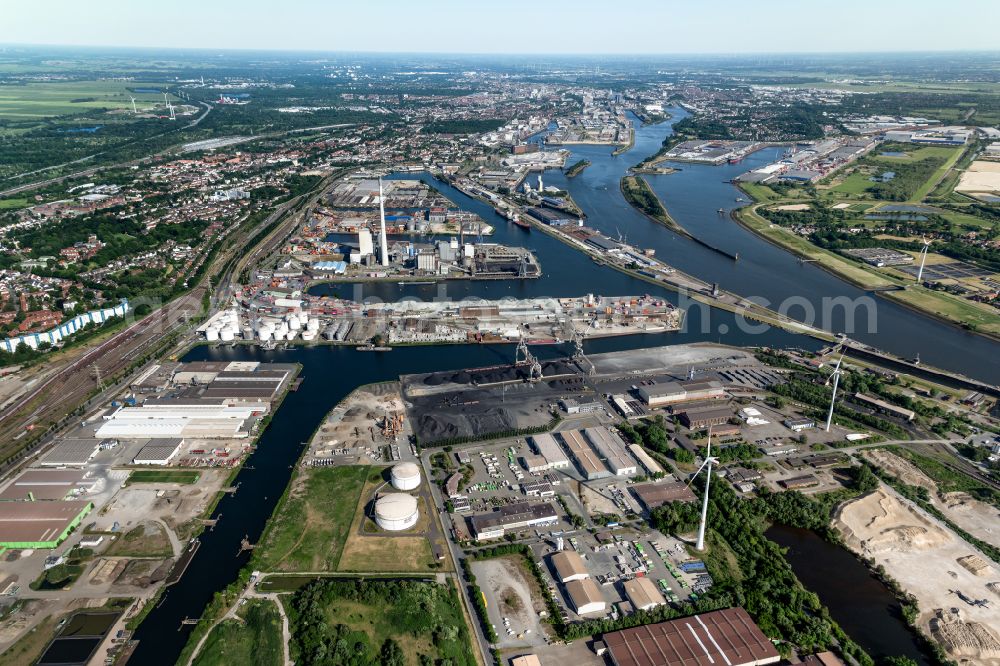 Bremen from above - Port facilities on the banks of the river course of the Weser in the district Industriehaefen in Bremen, Germany