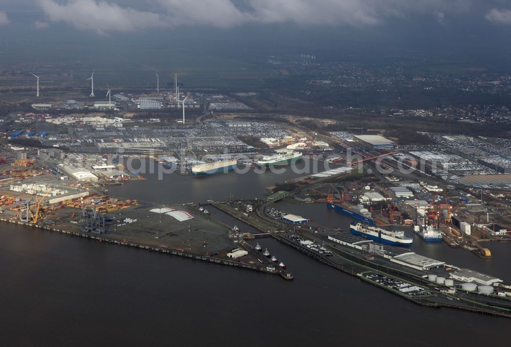 Bremerhaven from above - Port facilities on the banks of the river course of the Weser in Bremerhaven in the state Bremen