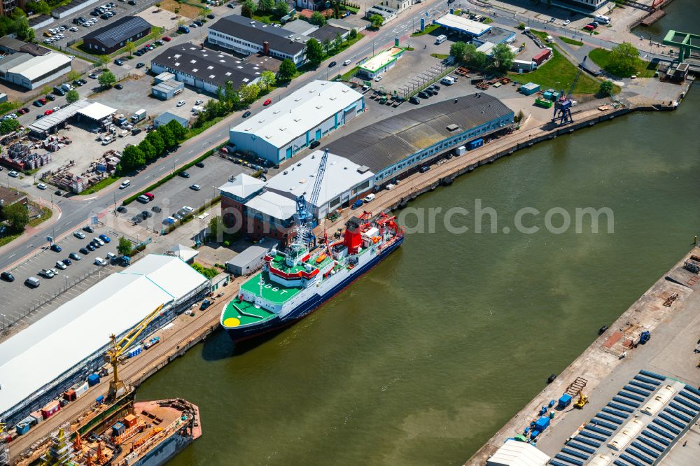 Aerial image Bremerhaven - Port facilities on the shores of the harbor of of Alten Hafen with the coast guard ship Mellum in Bremerhaven in the state Bremen, Germany