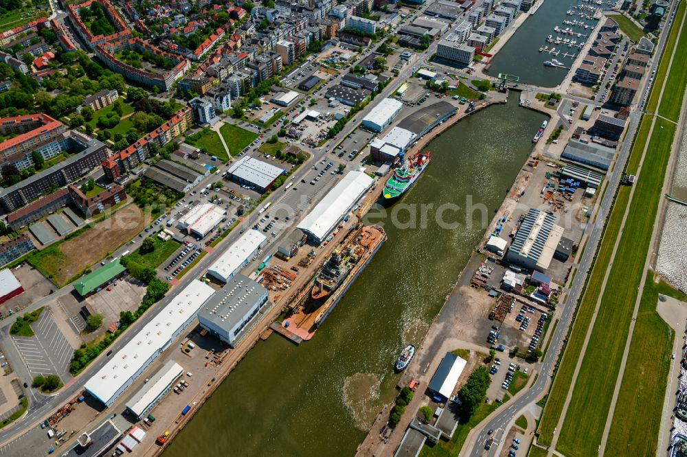 Aerial photograph Bremerhaven - Port facilities on the shores of the harbor of of Alten Hafen with the coast guard ship Mellum in Bremerhaven in the state Bremen, Germany