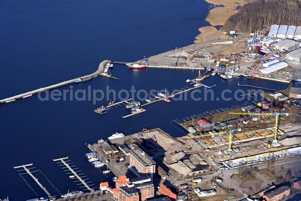 Barth from above - Port facilities on the shores of the harbor of in Barth in the state Mecklenburg - Western Pomerania, Germany