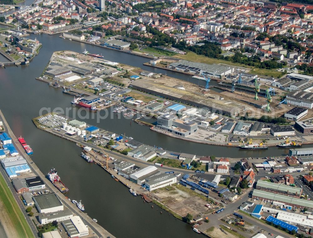 Bremerhaven from above - Port facilities on the shores of the harbor of Ueberseehafen in Bremerhaven in the state Bremen, Germany