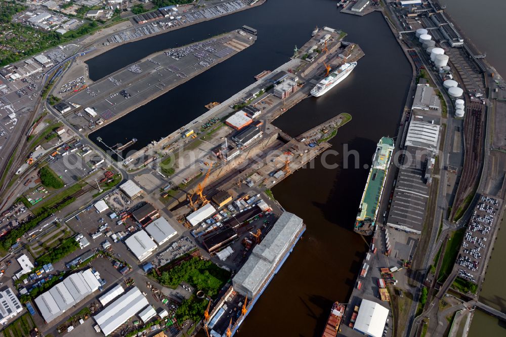 Bremerhaven from above - Port facilities on the shores of the harbor of Ueberseehafen in Bremerhaven in the state Bremen, Germany