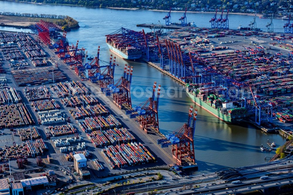 Aerial photograph Hamburg - Port facilities on the shores of the harbor of Burchardkai of Eurogate in the district Waltershof in Hamburg, Germany