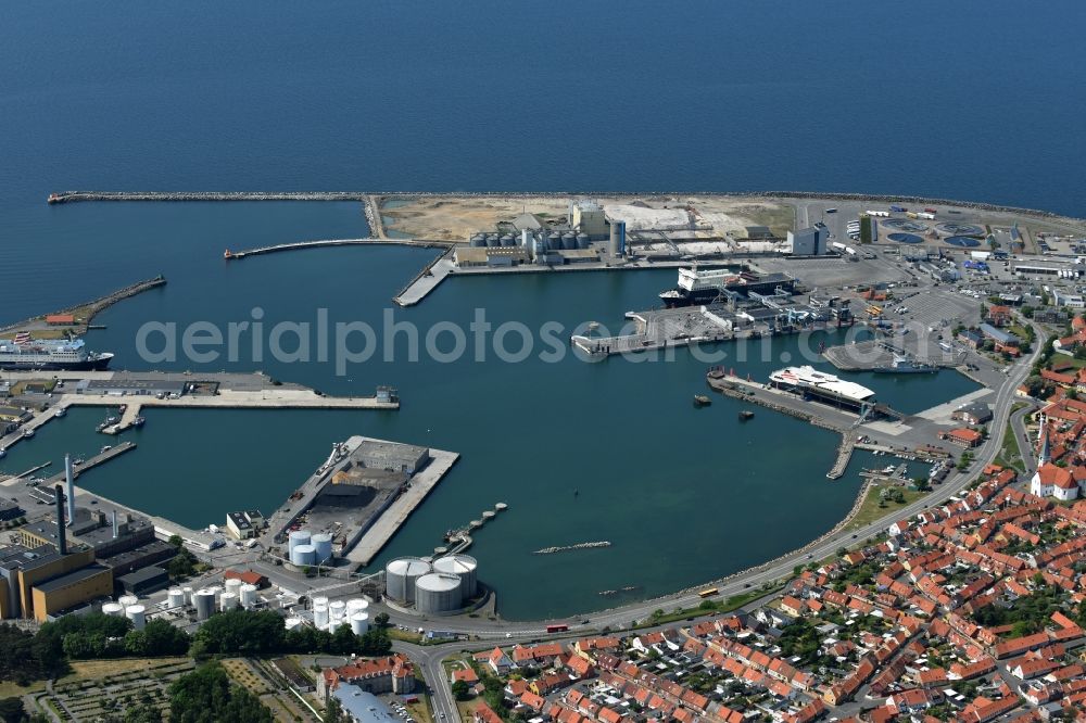 Ronne - Insel Bornholm from above - Port facilities on the shores of the harbor of Ferry and freight port of the island of Bornholm in Roenne in Region Hovedstaden, Denmark