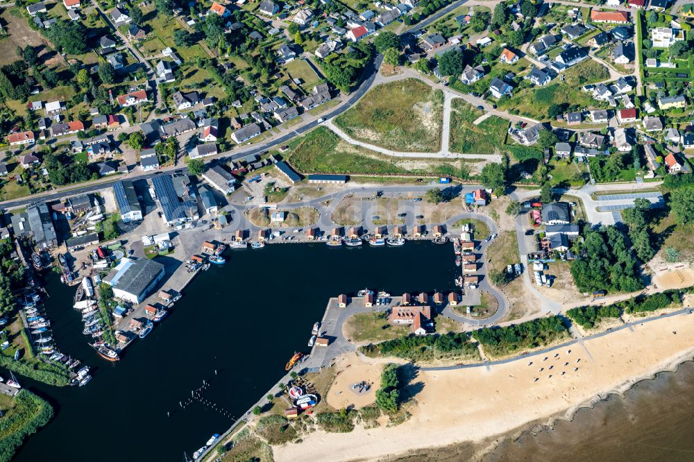 Kröslin from above - Port facilities on the shores of the harbor of Fischereihafen in Freest in the state Mecklenburg - Western Pomerania, Germany