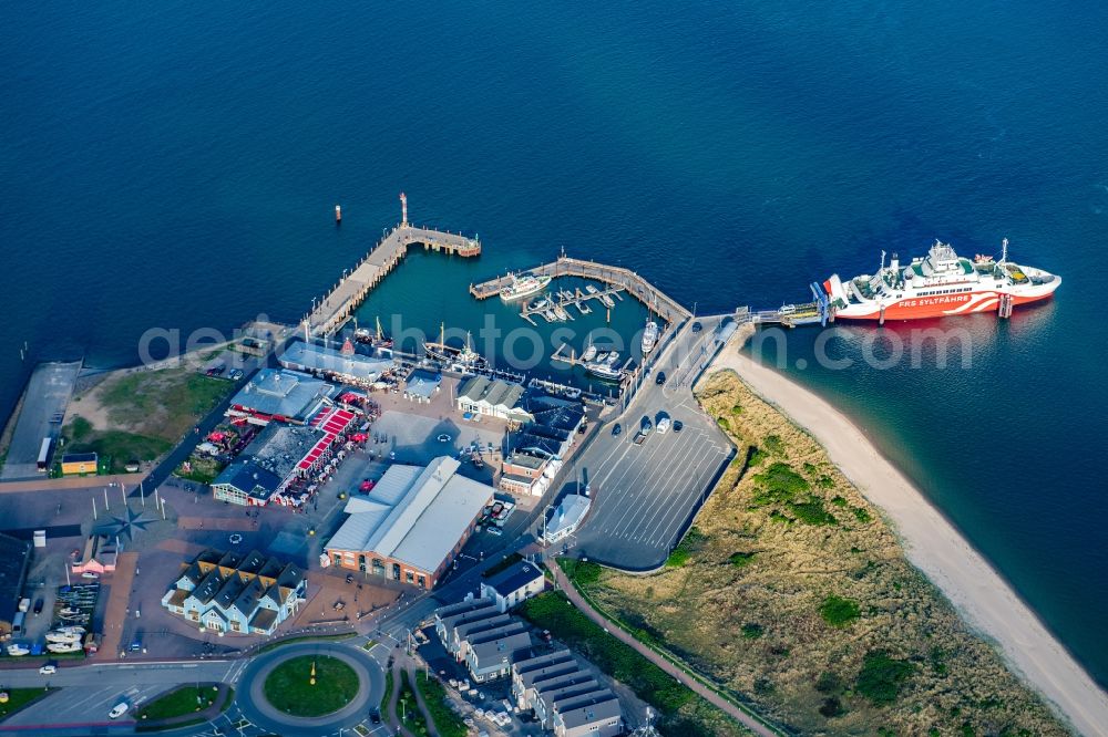 List from the bird's eye view: Port facilities on the shores of the harbor of in List on Island Sylt in the state Schleswig-Holstein, Germany