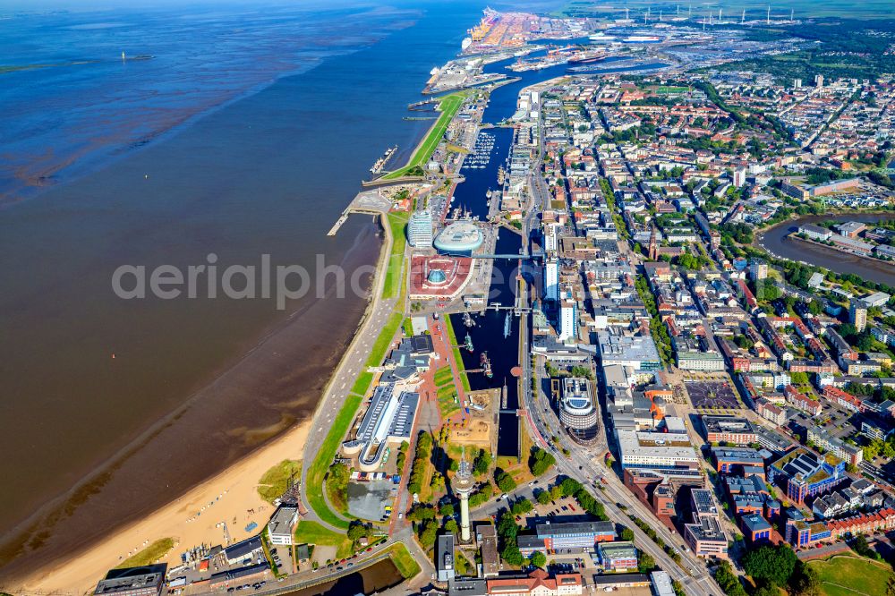 Bremerhaven from above - Port facilities on the shores of the harbor of Neuer Hafen in Bremerhaven in the state Bremen, Germany